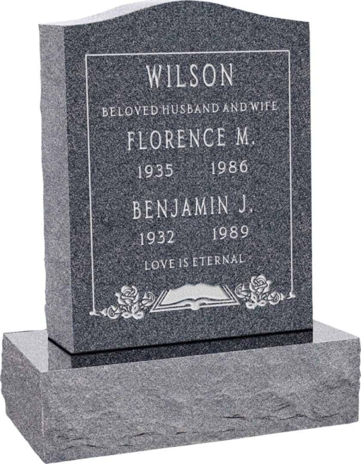 18inch x 6inch x 24inch Serp Top Upright Headstone polished top, front and back with 24inch Base in Imperial Grey with design F-119