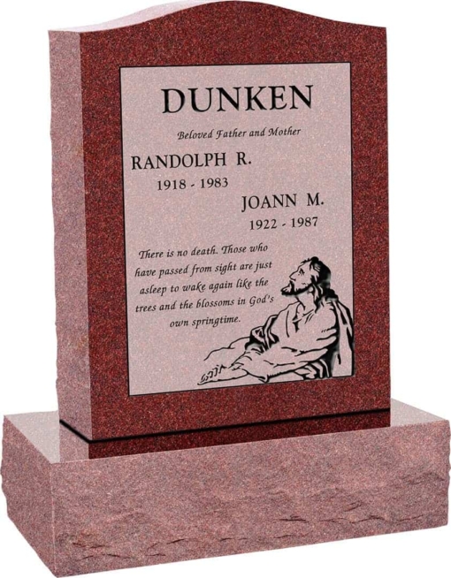 18inch x 6inch x 24inch Serp Top Upright Headstone polished top, front and back with 24inch Base in Imperial Red with design F-410 Sanded Panel