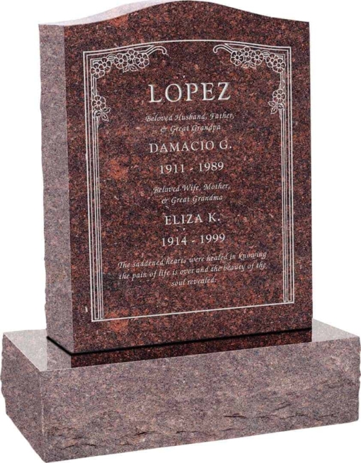 18inch x 6inch x 24inch Serp Top Upright Headstone polished top, front and back with 24inch Base in Mahogany with design HL-102