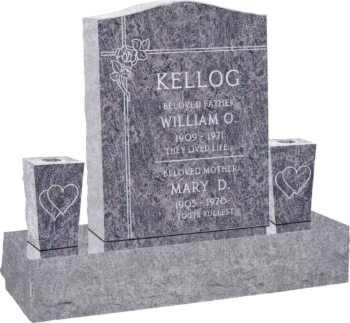 18 inch x 6 inch x 24 inch Serp Top Upright Headstone polished top front and back with 34 inch Base and two square tapered Vases in Bahama Blue with design F-106