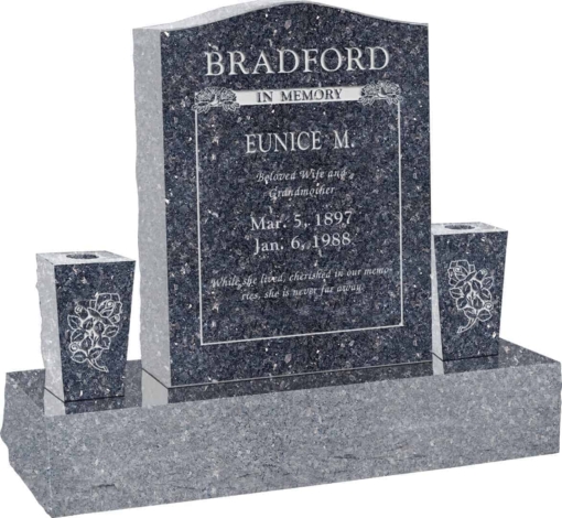 18 inch x 6 inch x 24 inch Serp Top Upright Headstone polished top front and back with 34 inch Base and two square tapered Vases in Blue Pearl with design B-14