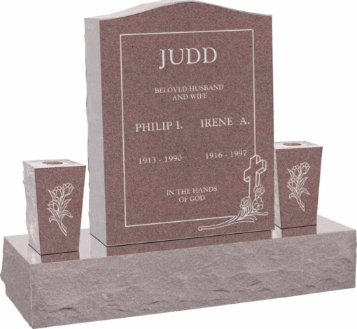 18 inch x 6 inch x 24 inch Serp Top Upright Headstone polished top front and back with 34 inch Base and two square tapered Vases in Desert Pink with design C-46