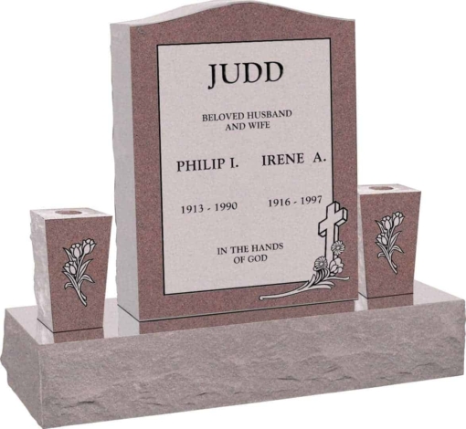 18inch x 6inch x 24inch Serp Top Upright Headstone polished top, front and back with 34inch Base and two square tapered Vases in Desert Pink with design C-46 Sanded Panel