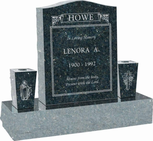 18 inch x 6 inch x 24 inch Serp Top Upright Headstone polished top front and back with 34 inch Base and two square tapered Vases in Emerald Pearl with design C-109