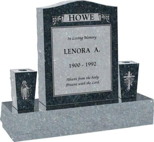 18 inch x 6 inch x 24 inch Serp Top Upright Headstone polished top front and back with 34 inch Base and two square tapered Vases in Emerald Pearl with design C-109