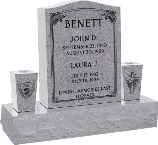 18 inch x 6 inch x 24 inch Serp Top Upright Headstone polished top front and back with 34 inch Base and two square tapered Vases in Grey with design AS-001