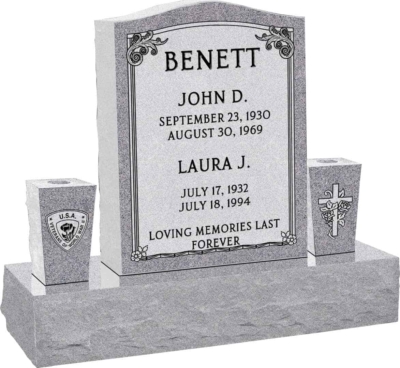 18 inch x 6 inch x 24 inch Serp Top Upright Headstone polished top front and back with 34 inch Base and two square tapered Vases in Grey with design AS-001