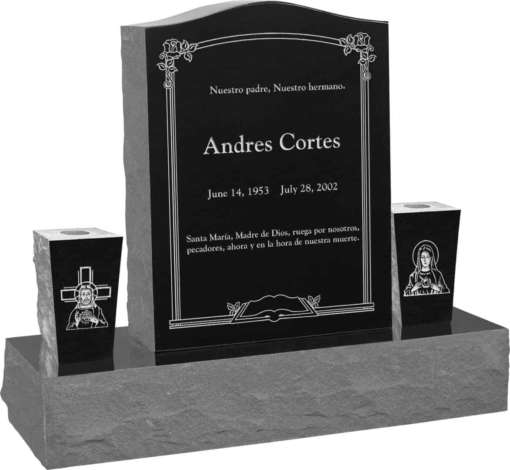 18 inch x 6 inch x 24 inch Serp Top Upright Headstone polished top front and back with 34 inch Base and two square tapered Vases in Imperial Black with design AS-002