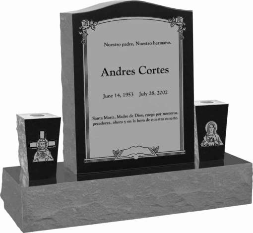 18 inch x 6 inch x 24 inch Serp Top Upright Headstone polished top front and back with 34 inch Base and two square tapered Vases in Imperial Black with design AS-002