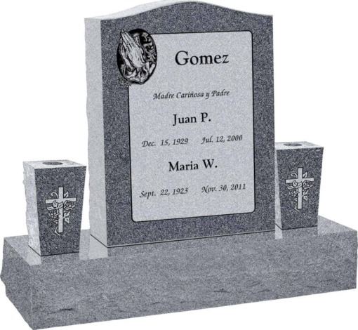 18 inch x 6 inch x 24 inch Serp Top Upright Headstone polished top front and back with 34 inch Base and two square tapered Vases in Imperial Grey with design AS-013