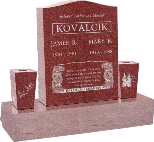 18 inch x 6 inch x 24 inch Serp Top Upright Headstone polished top front and back with 34 inch Base and two square tapered Vases in Imperial Red with design B-08