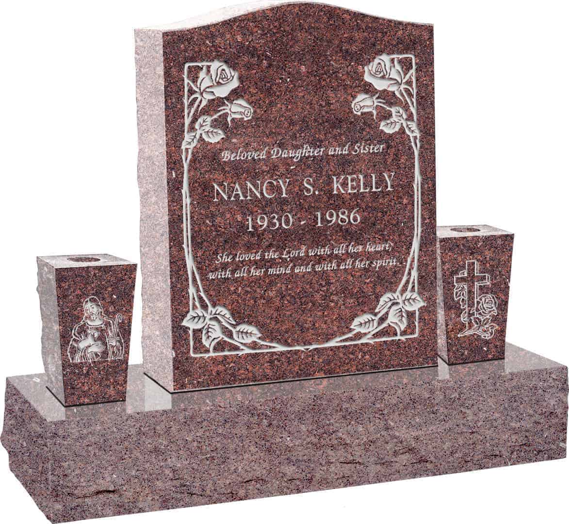 18 inch x 6 inch x 24 inch Serp Top Upright Headstone polished top front and back with 34 inch Base and two square tapered Vases in Mahogany with design B-01