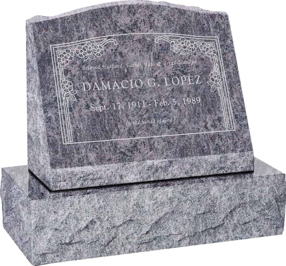 20inch_x_10inch_x_16inch_Serp_Top_Slant_Headstone_polished_front_and_back_with_26inch_Base_in_Bahama_Blue_with_design_HL-102 20 inch x 10 inch x 16 inch Serp Top Slant Headstone polished front and back with 26 inch Base in Bahama Blue with design HL-102