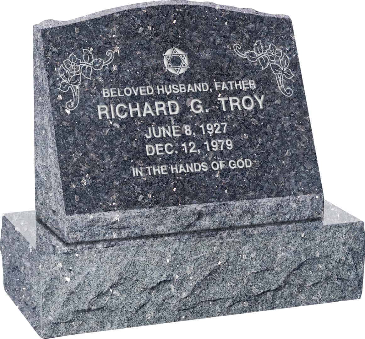 20inch_x_10inch_x_16inch_Serp_Top_Slant_Headstone_polished_front_and_back_with_26inch_Base_in_Blue_Pearl_with_design_J-01 20 inch x 10 inch x 16 inch Serp Top Slant Headstone polished front and back with 26 inch Base in Blue Pearl with design J-01