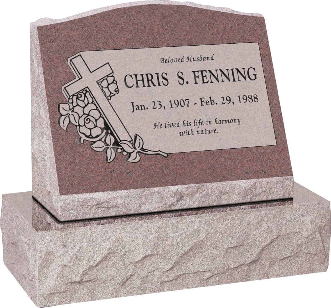 20inch_x_10inch_x_16inch_Serp_Top_Slant_Headstone_polished_front_and_back_with_26inch_Base_in_Desert_Pink_with_design_F-408_Sanded_Panel 20 inch x 10 inch x 16 inch Serp Top Slant Headstone polished front and back with 26 inch Base in Desert Pink with design F-408 Sanded Panel