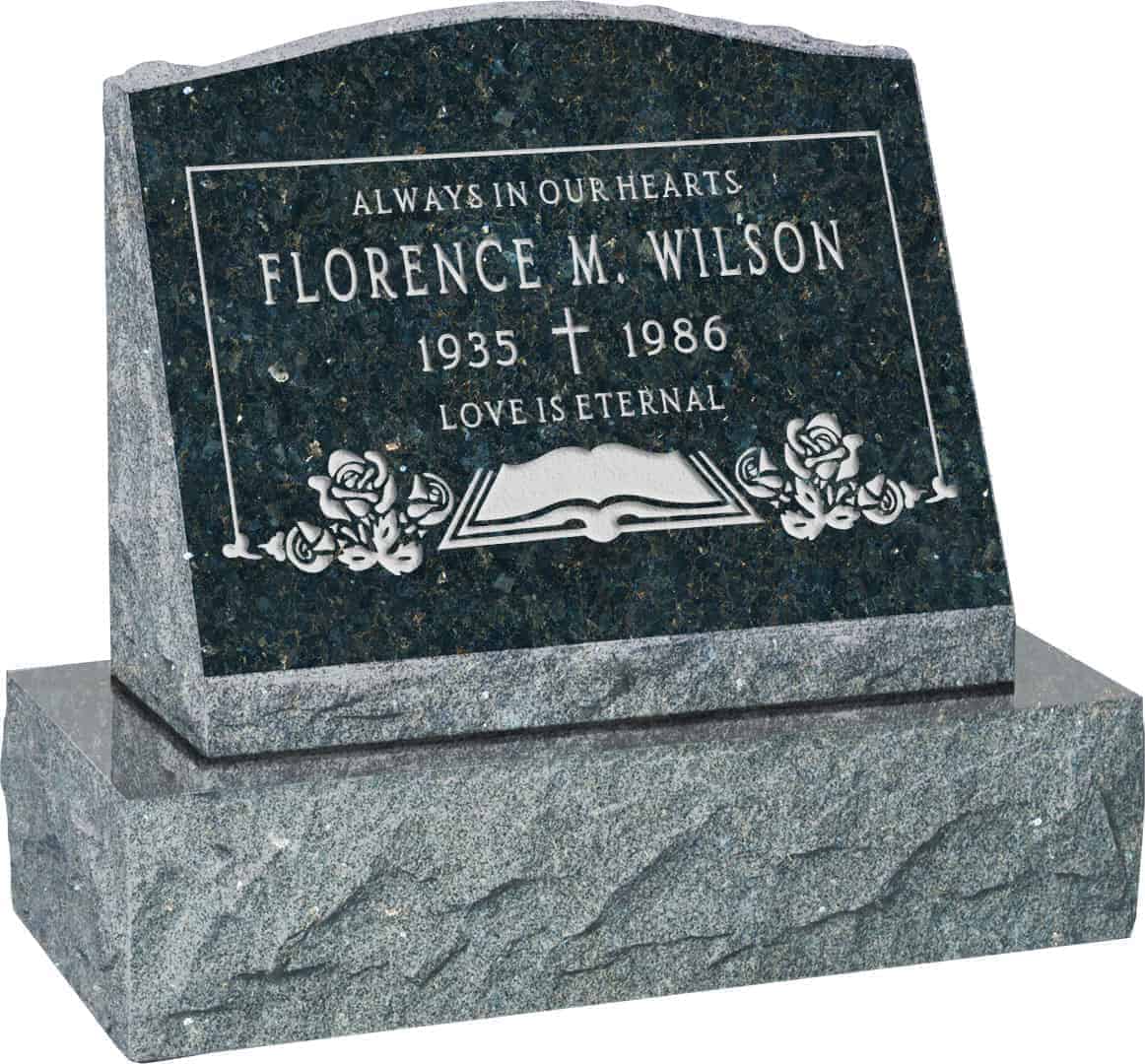 20inch_x_10inch_x_16inch_Serp_Top_Slant_Headstone_polished_front_and_back_with_26inch_Base_in_Emerald_Pearl_with_design_F-119 20 inch x 10 inch x 16 inch Serp Top Slant Headstone polished front and back with 26 inch Base in Emerald Pearl with design F-119