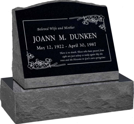 20 inch x 10 inch x 16 inch Serp Top Slant Headstone polished front and back with 26 inch Base in Imperial Black with design B-9