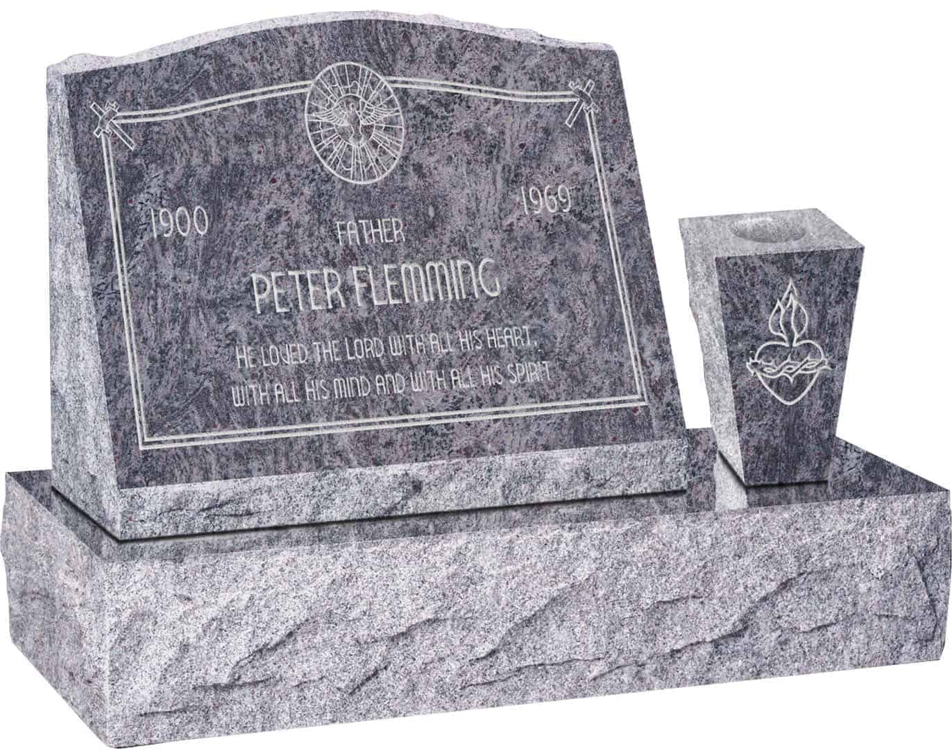 20inch_x_10inch_x_16inch_Serp_Top_Slant_Headstone_polished_front_and_back_with_30inch_Base_and_square_tapered_Vase_in_Bahama_Blue_with_design_AS-020 20 inch x 10 inch x 16 inch Serp Top Slant Headstone polished front and back with 30 inch Base and square tapered Vase in Bahama Blue with design AS-020