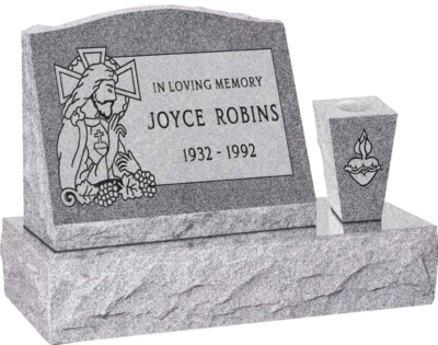 20 inch x 10 inch x 16 inch Serp Top Slant Headstone polished front and back with 30 inch Base and square tapered Vase in Grey with design SD-323 Sanded Panel