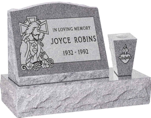 20 inch x 10 inch x 16 inch Serp Top Slant Headstone polished front and back with 30 inch Base and square tapered Vase in Grey with design SD-323 Sanded Panel