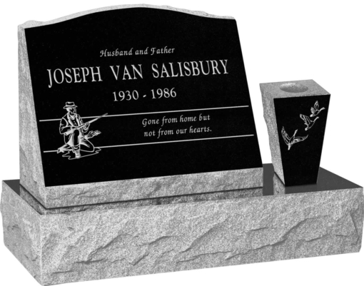 20 inch x 10 inch x 16 inch Serp Top Slant Headstone polished front and back with 30 inch Base and square tapered Vase in Imperial Black with design H-7
