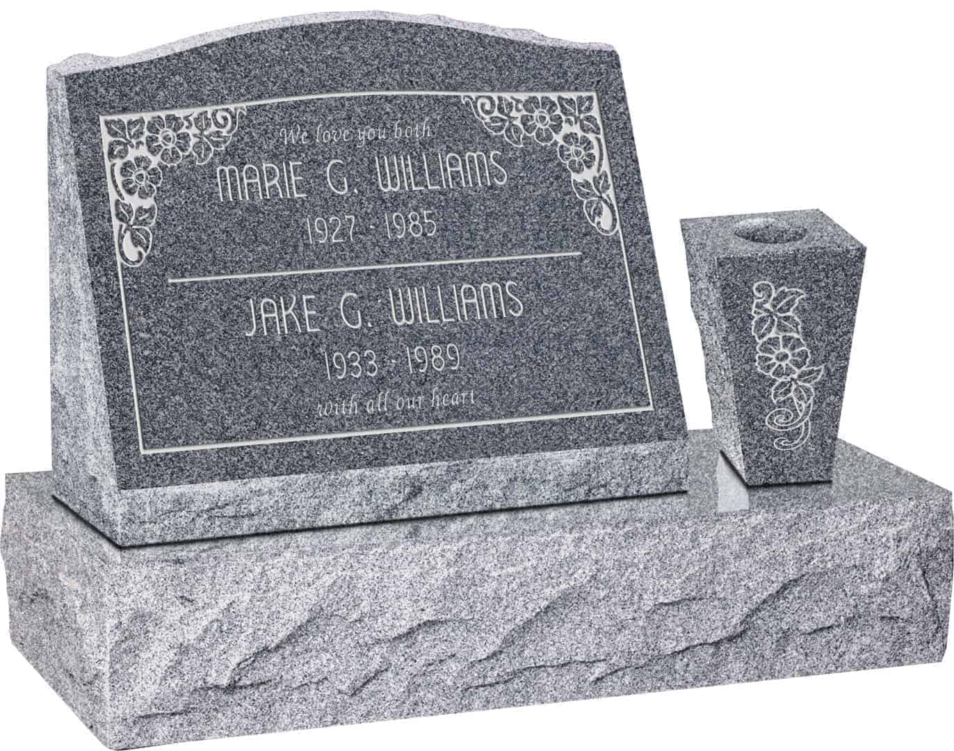 20inch_x_10inch_x_16inch_Serp_Top_Slant_Headstone_polished_front_and_back_with_30inch_Base_and_square_tapered_Vase_in_Imperial_Grey_with_design_SD-110 20 inch x 10 inch x 16 inch Serp Top Slant Headstone polished front and back with 30 inch Base and square tapered Vase in Imperial Grey with design SD-110