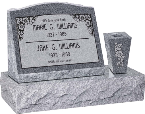 20 inch x 10 inch x 16 inch Serp Top Slant Headstone polished front and back with 30 inch Base and square tapered Vase in Imperial Grey with design SD-110 Sanded Panel