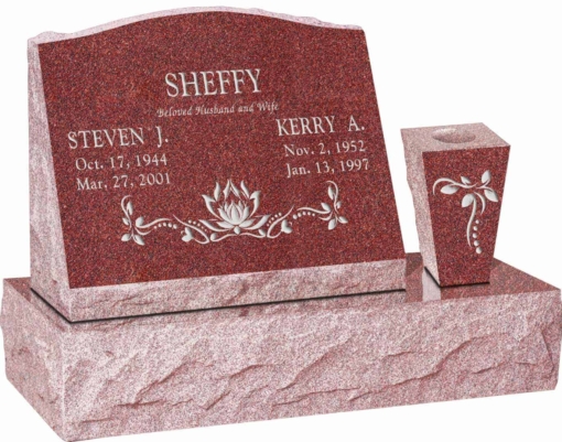 20 inch x 10 inch x 16 inch Serp Top Slant Headstone polished front and back with 30 inch Base and square tapered Vase in Imperial Red with design SD-120
