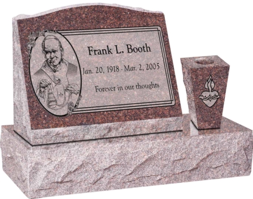 20 inch x 10 inch x 16 inch Serp Top Slant Headstone polished front and back with 30 inch Base and square tapered Vase in Mahogany with design AS-019 Sanded Panel