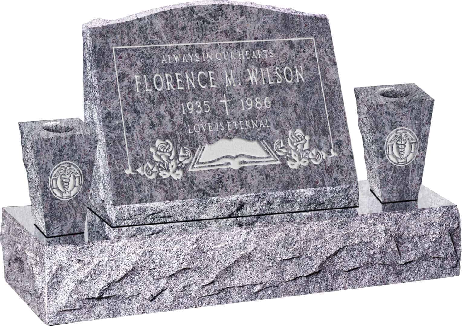 20inch_x_10inch_x_16inch_Serp_Top_Slant_Headstone_polished_front_and_back_with_34inch_Base_and_two_square_tapered_Vases_in_Bahama_Blue_with_design_F-119 20inch x 10inch x 16inch Serp Top Slant Headstone polished front and back with 34inch Base and two square tapered Vases in Bahama Blue with design F-119