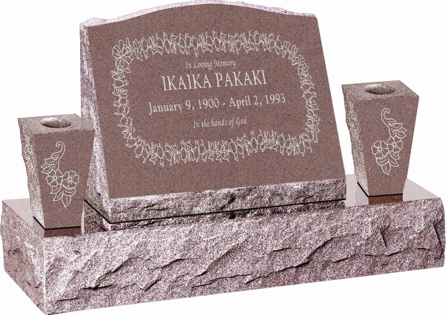 20inch_x_10inch_x_16inch_Serp_Top_Slant_Headstone_polished_front_and_back_with_34inch_Base_and_two_square_tapered_Vases_in_Desert_Pink_with_design_H-110 20inch x 10inch x 16inch Serp Top Slant Headstone polished front and back with 34inch Base and two square tapered Vases in Desert Pink with design H-110