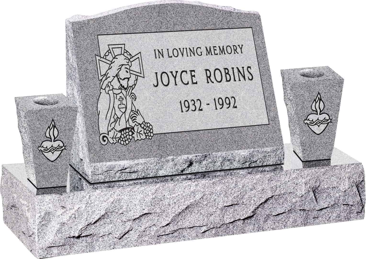 20inch_x_10inch_x_16inch_Serp_Top_Slant_Headstone_polished_front_and_back_with_34inch_Base_and_two_square_tapered_Vases_in_Grey_with_design_SD-323 20inch x 10inch x 16inch Serp Top Slant Headstone polished front and back with 34inch Base and two square tapered Vases in Grey with design SD-323