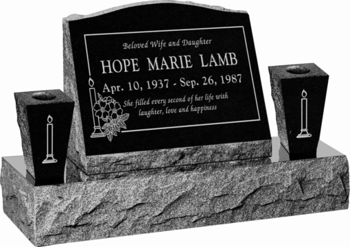 20inch x 10inch x 16inch Serp Top Slant Headstone polished front and back with 34inch Base and two square tapered Vases in Imperial Black with design B-15