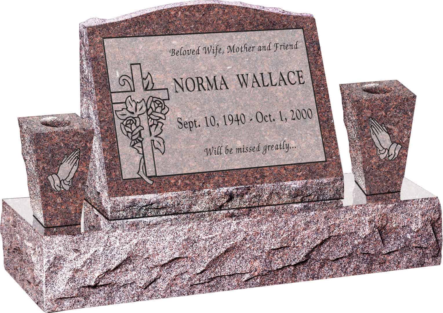 20inch_x_10inch_x_16inch_Serp_Top_Slant_Headstone_polished_front_and_back_with_34inch_Base_and_two_square_tapered_Vases_in_Mahogany_with_design_S-329,_Sanded_Panel 20inch x 10inch x 16inch Serp Top Slant Headstone polished front and back with 34inch Base and two square tapered Vases in Mahogany with design S-329, Sanded Panel