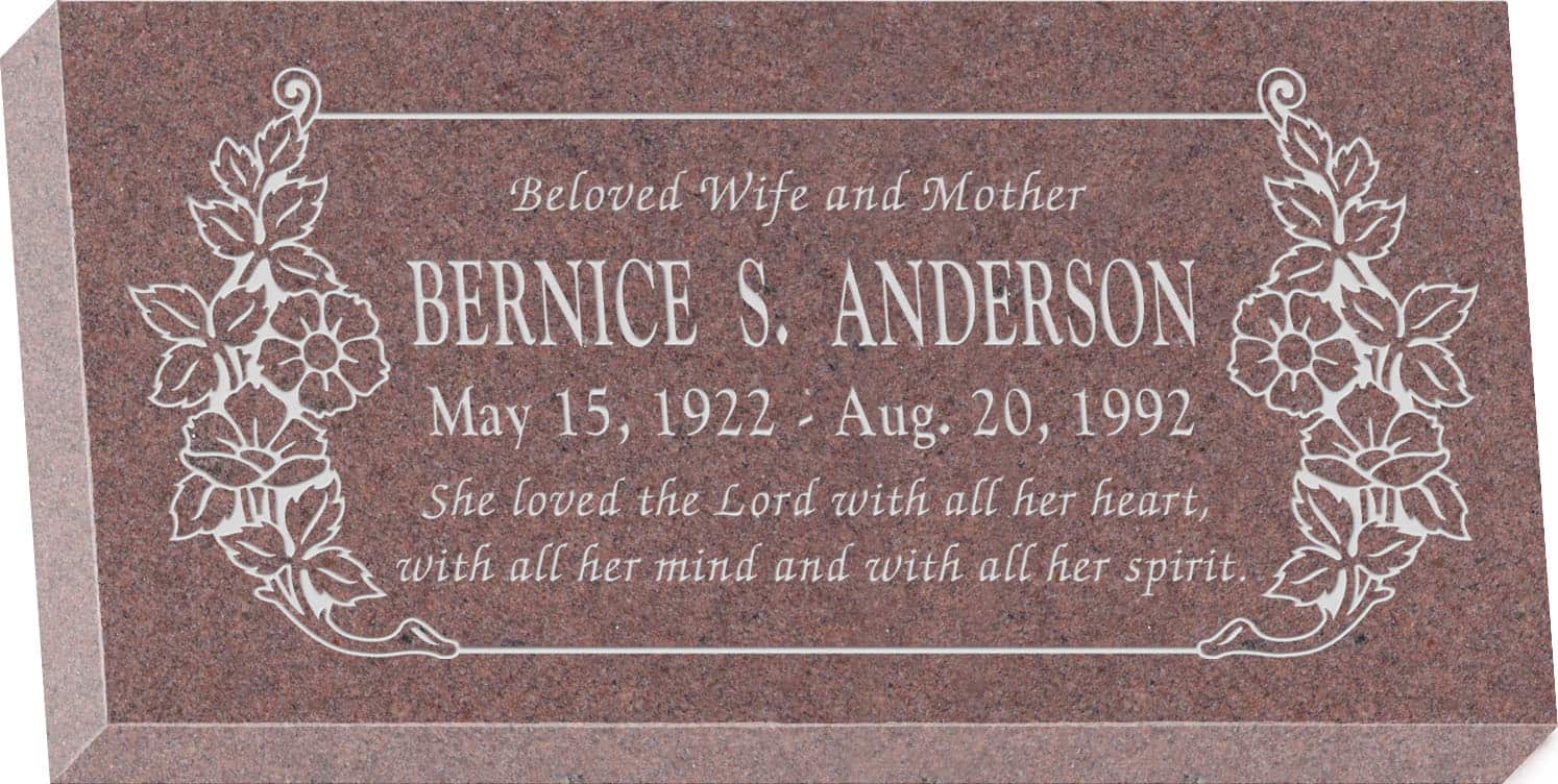 20 inch x 10 inch x 3 inch Flat Granite Headstone in Desert Pink with design C-101