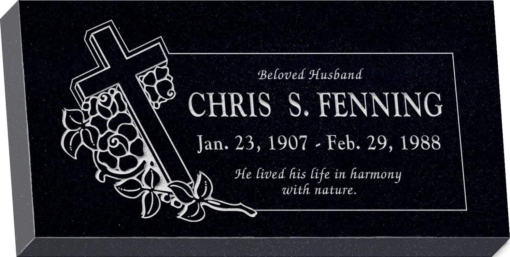 20 inch x 10 inch x 3 inch Flat Granite Headstone in Imperial Black with design F-408