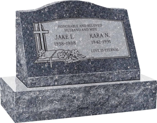24inch x 10inch x 16inch Serp Top Slant Headstone polished front and back with 30inch Base in Blue Pearl with design C-03, Sanded Panel