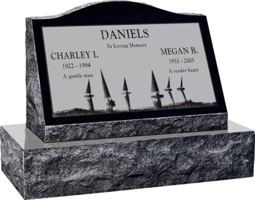 24inch x 10inch x 16inch Serp Top Slant Headstone polished front and back with 30inch Base in Imperial Black with design SD-414, Sanded Panel