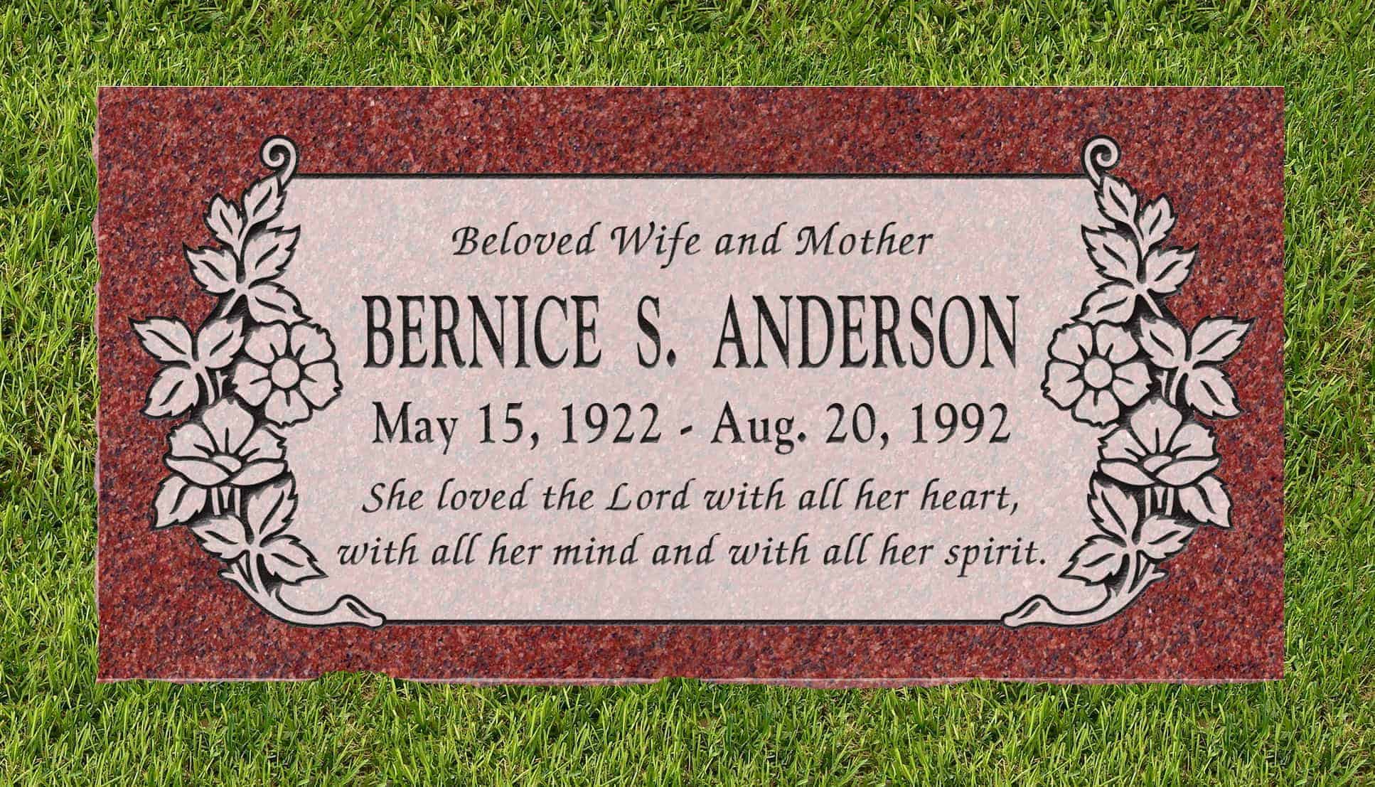 24inch_x_12inch_x_3inch_Flat_Granite_Headstone_in_Imperial_Red_with_design_C-101_installed_in_ground