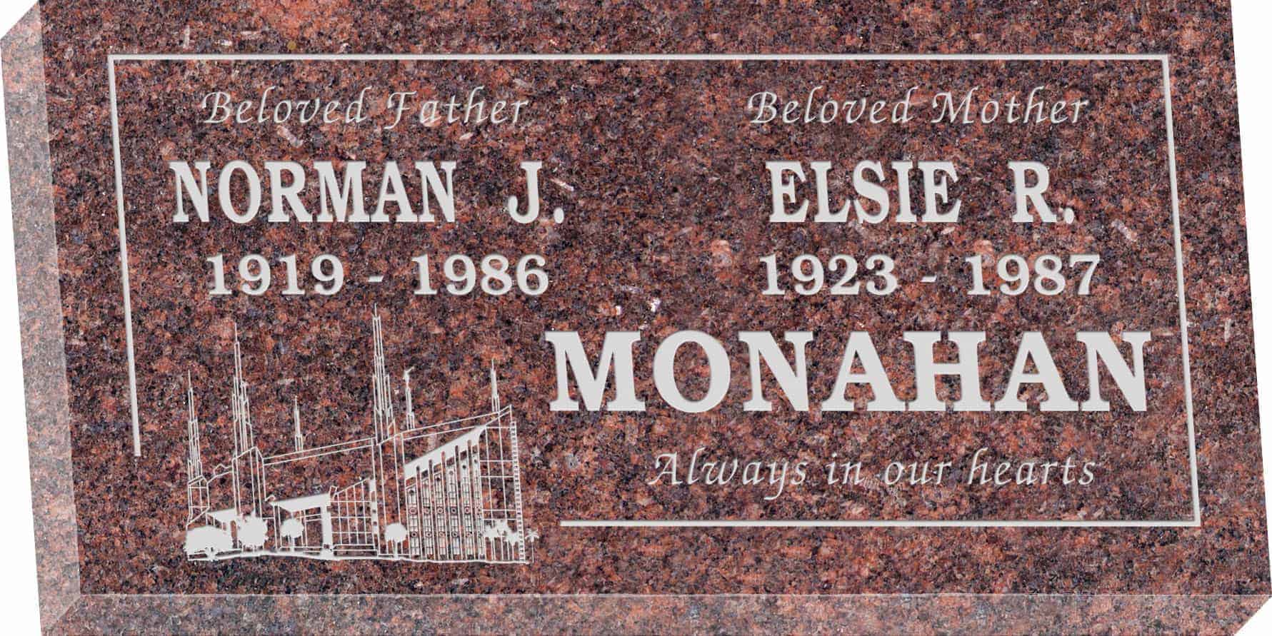 24inch_x_12inch_x_3inch_Flat_Granite_Headstone_in_Mahogany_with_design_M-01