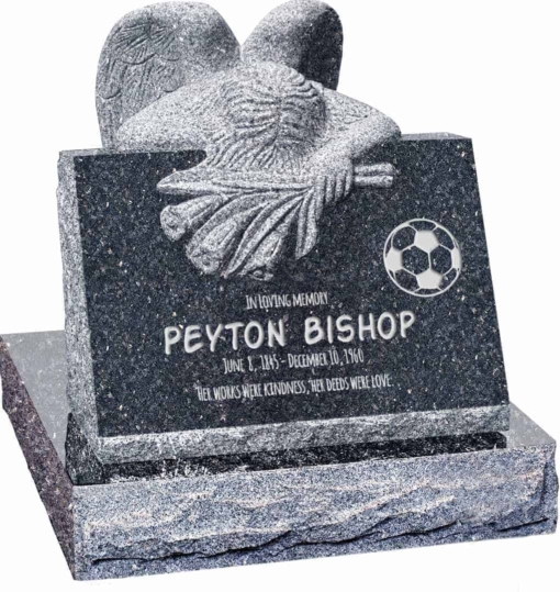 24 inch x 18 inch x 24 inch Carved Angel Slant Headstone polished front and back with 28 inch Base in Blue Pearl