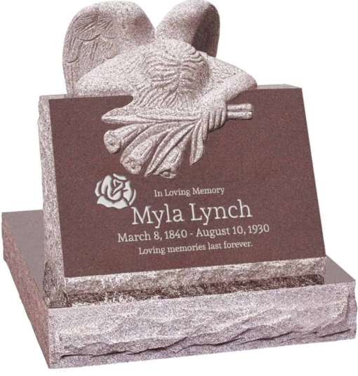 24 inch x 18 inch x 24 inch Carved Angel Slant Headstone polished front and back with 28 inch Base in Desert Pink