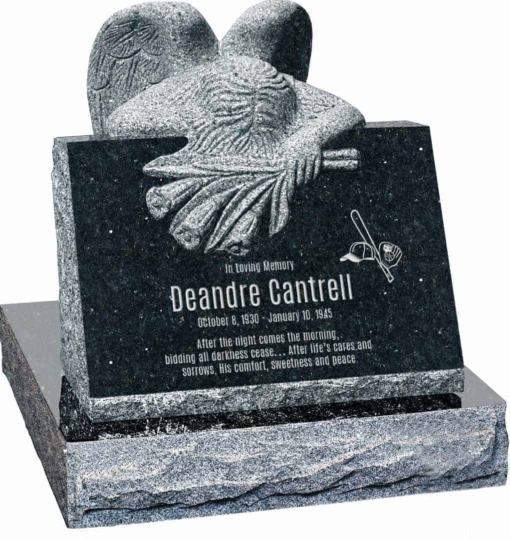 24 inch x 18 inch x 24 inch Carved Angel Slant Headstone polished front and back with 28 inch Base in Emerald Pearl