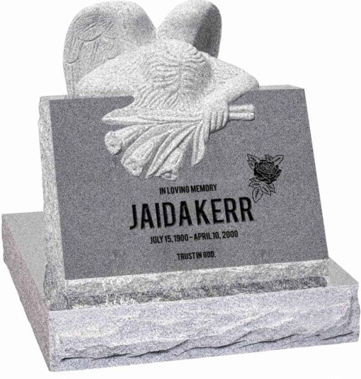 24 inch x 18 inch x 24 inch Carved Angel Slant Headstone polished front and back with 28 inch Base in Grey