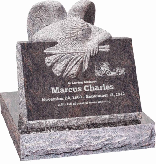 24 inch x 18 inch x 24 inch Carved Angel Slant Headstone polished front and back with 28 inch Base in Himalayan