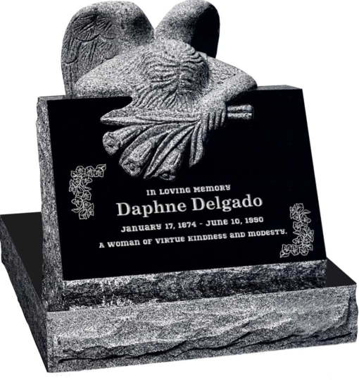 24 inch x 18 inch x 24 inch Carved Angel Slant Headstone polished front and back with 28 inch Base in Imperial Black