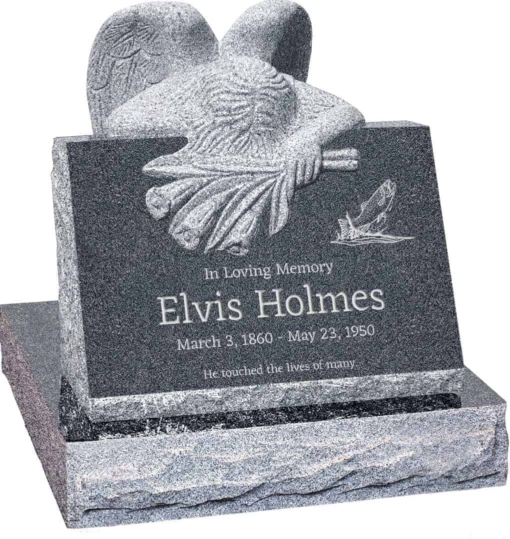 24 inch x 18 inch x 24 inch Carved Angel Slant Headstone polished front and back with 28 inch Base in Imperial Grey