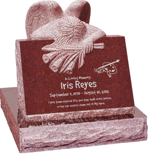 24 inch x 18 inch x 24 inch Carved Angel Slant Headstone polished front and back with 28 inch Base in Imperial Red