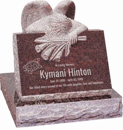 24 inch x 18 inch x 24 inch Carved Angel Slant Headstone polished front and back with 28 inch Base in Mahogany