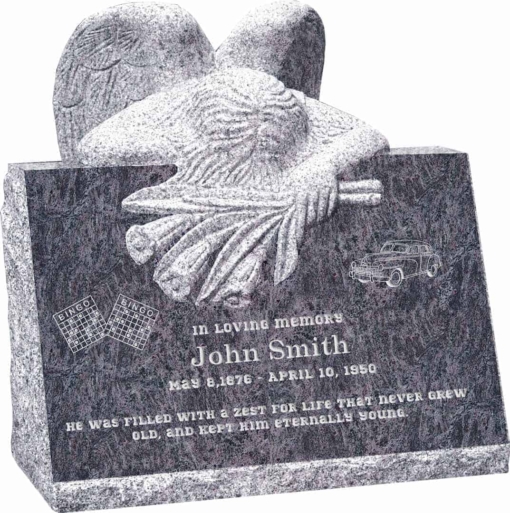 24inch x 18inch x 24inch carved angel slant headstone polished front and back with inch base in bahama blue